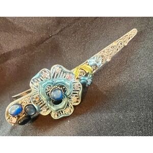 Vintage Enamel Blue Floral Filigree Hair Clip Barrette Glass Cabochons‎ 5" Long